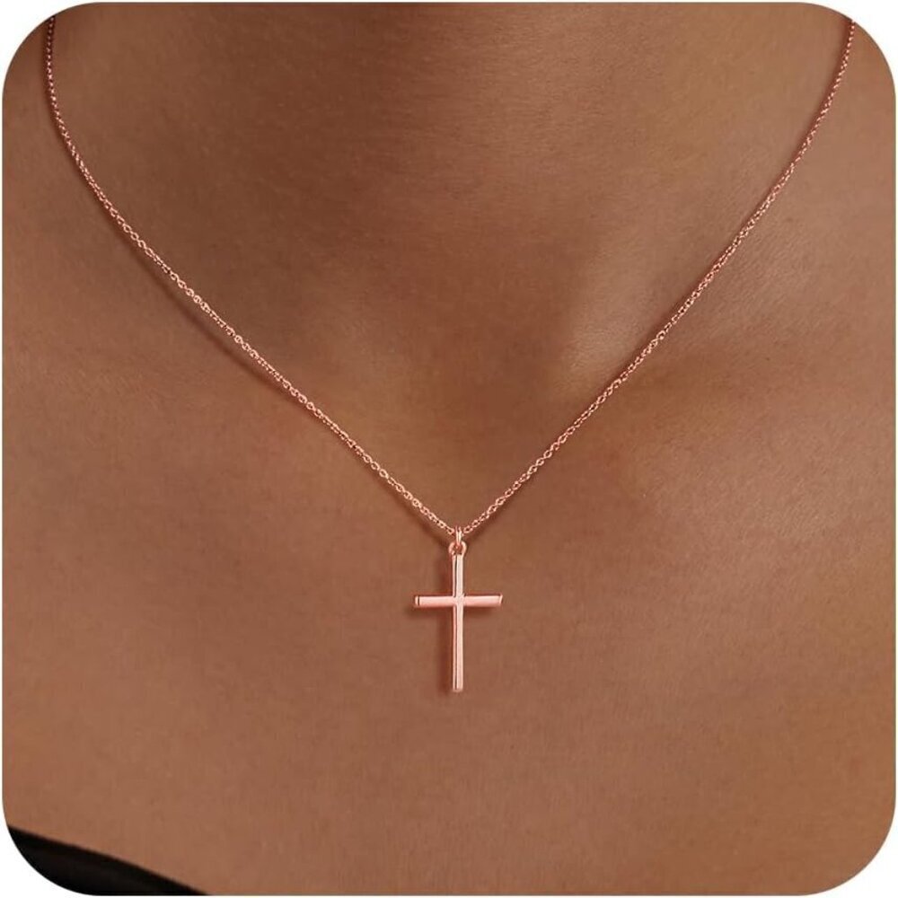 Womens 04 Simple Rose Gold 14K Gold Silver Cross Necklace - Non Tarnish Jewelry